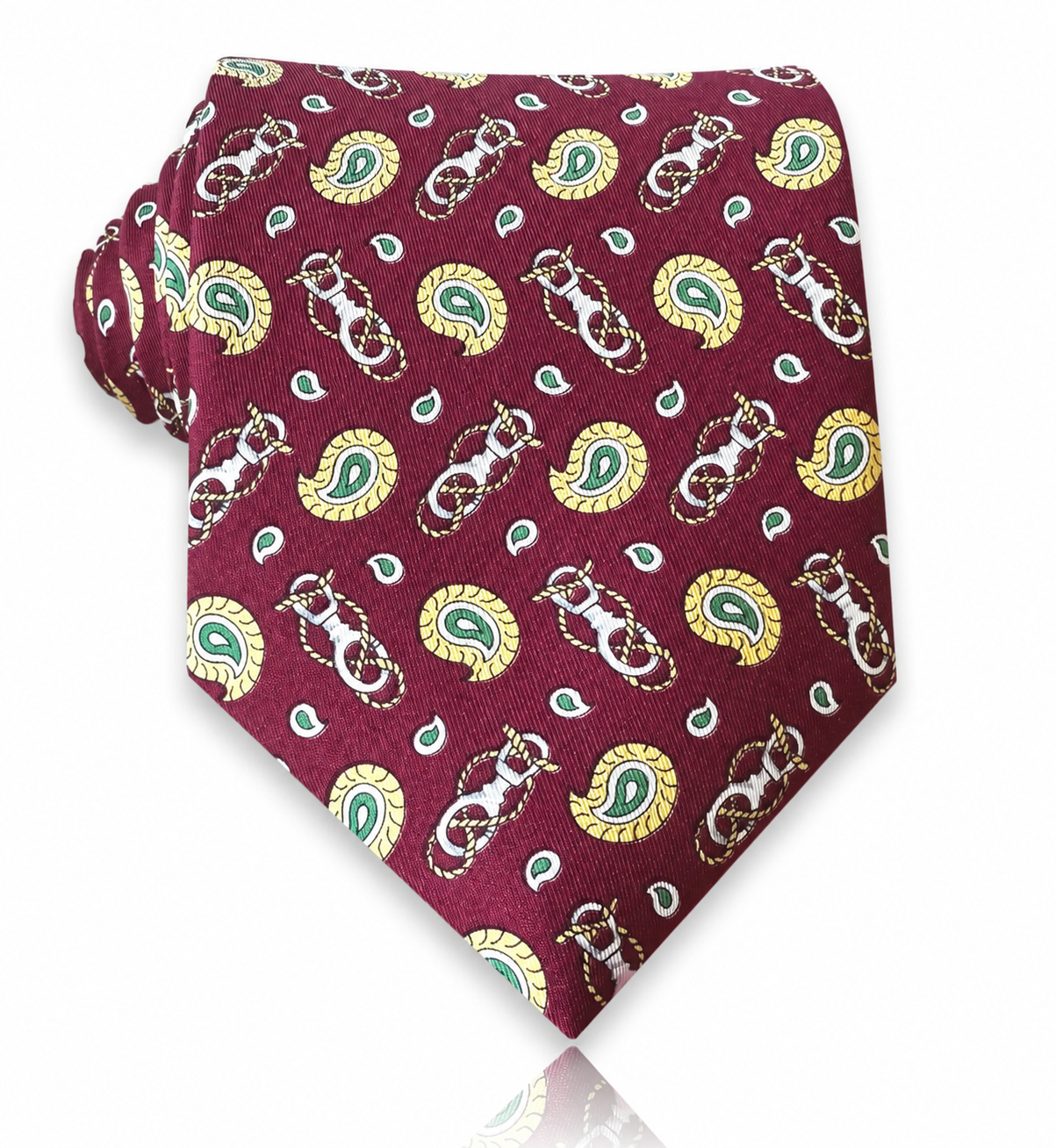 Bordo svilena kravata sa zlatnožutim i zelenim paisley motivima te konjičkim ornamentima